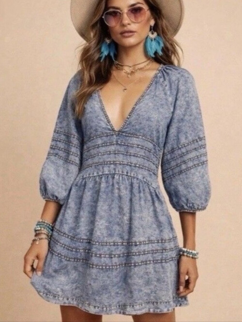 Free People washeddenim puff sleeve open, tie-back mini dress - Picture 4 of 14
